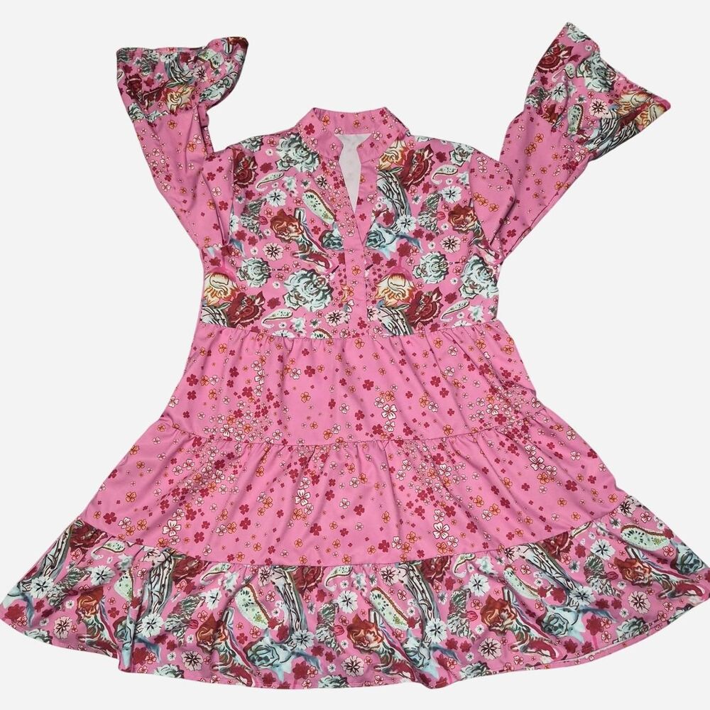Pink Boho Floral Tiered Mini Dress Bell Sleeves Retro Vibe (No Tag)